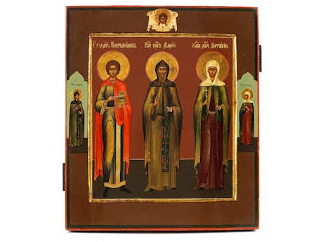 Kleine Ikone mit drei stehenden Heiligengestalten